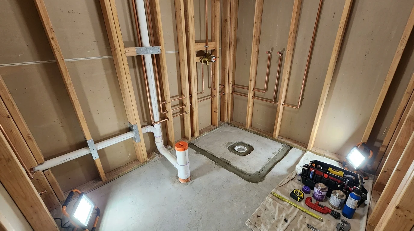 Bathroom rough-in plumbing during remodel by Johns Plumbing LLC in Aurora