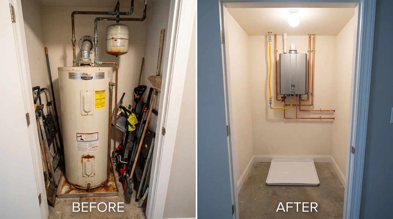 Tank water heater versus wall-mounted tankless unit comparison for Aurora, NE homeowners