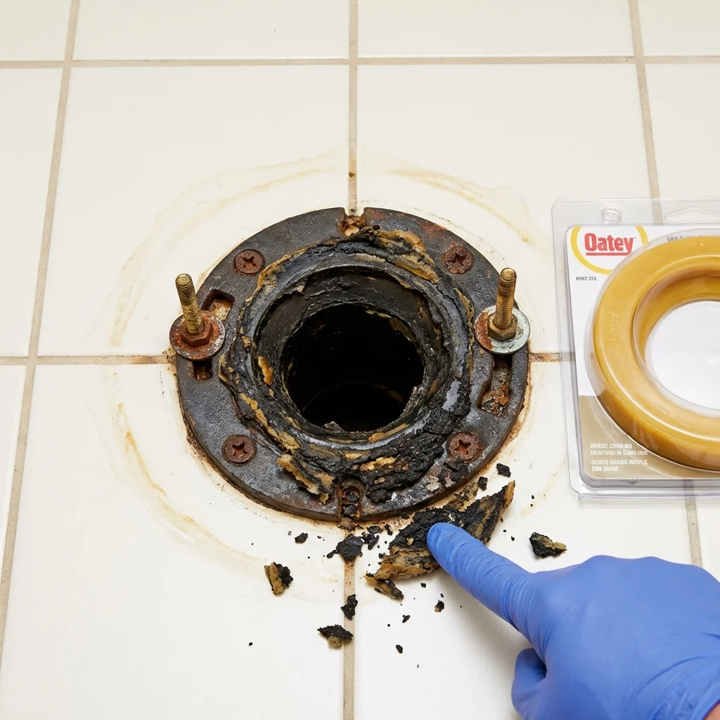 Failed wax ring showing water seepage at the base of a toilet in a Aurora, NE home